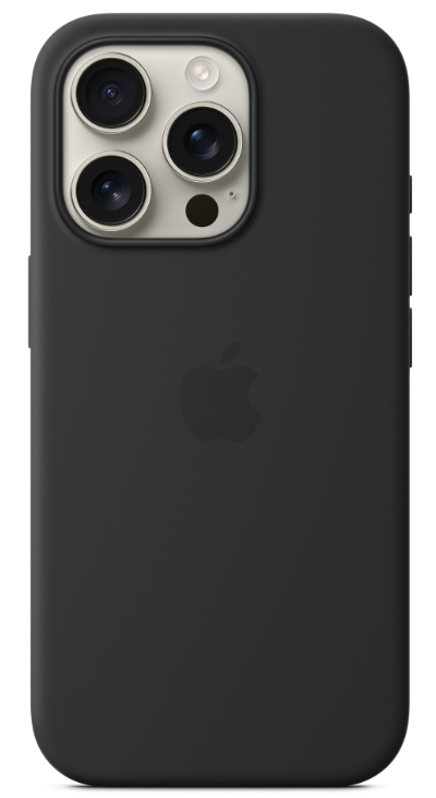 Tył czarnego iPhone'a z trzema aparatami i logo Apple na białym tle.