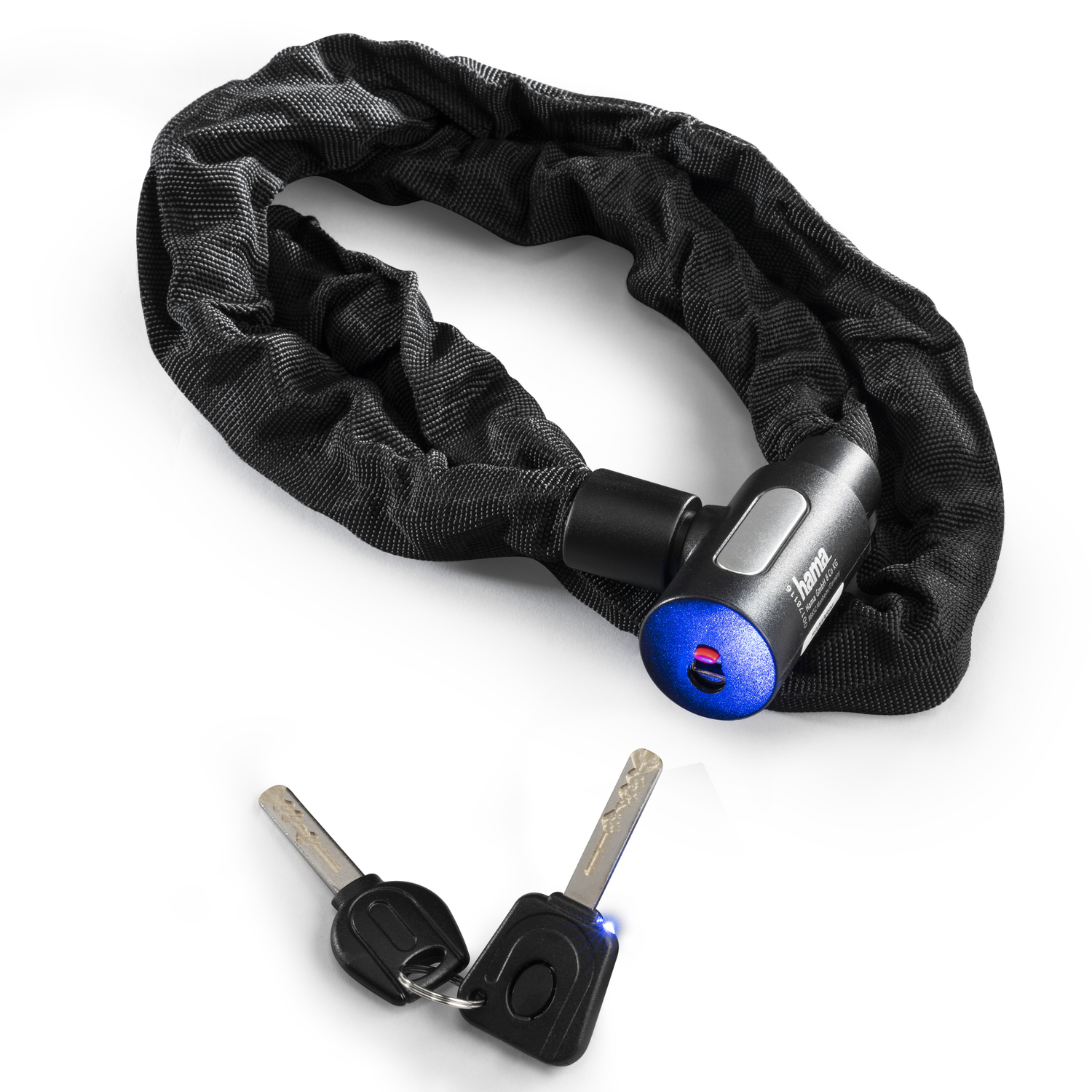 Zwart fietsslot met ketting en sleutels. Het slot heeft een blauw licht.