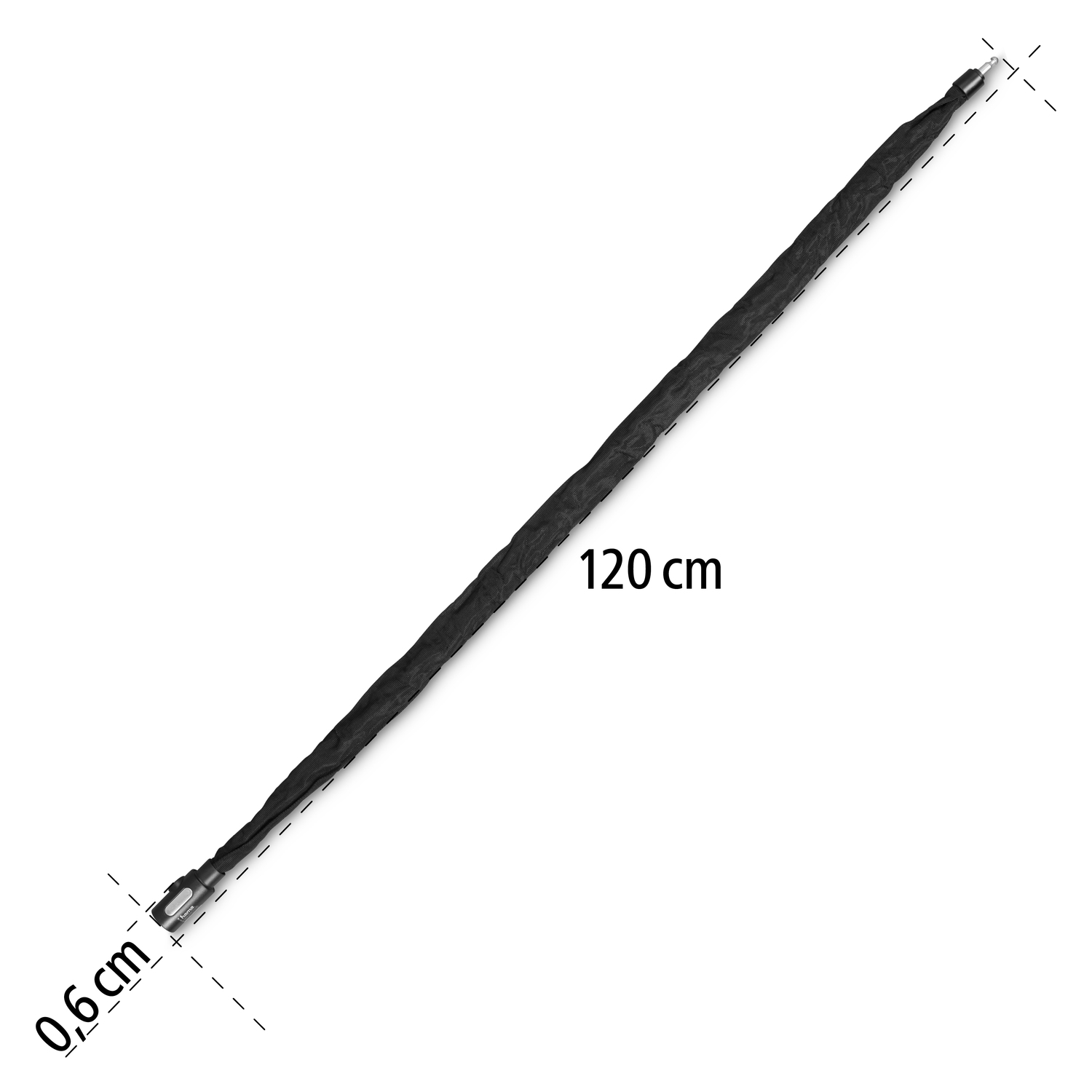 Zwart item: een 120 cm lange, flexibele buis, 0,6 cm dik, met metalen connectoren aan beide uiteinden.