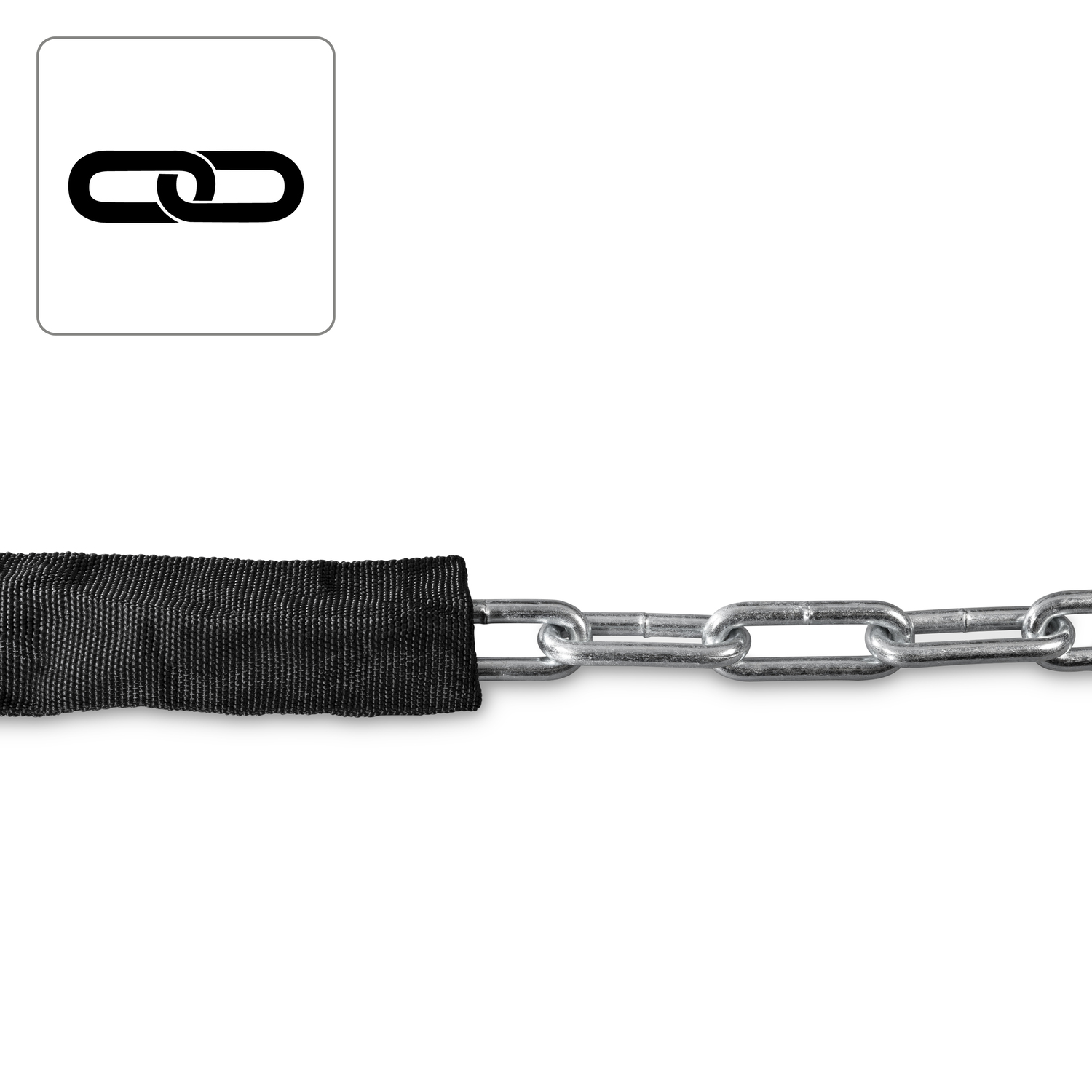 Een ketting met een zwarte stoffen hoes aan één uiteinde, met een schakel-icoon.