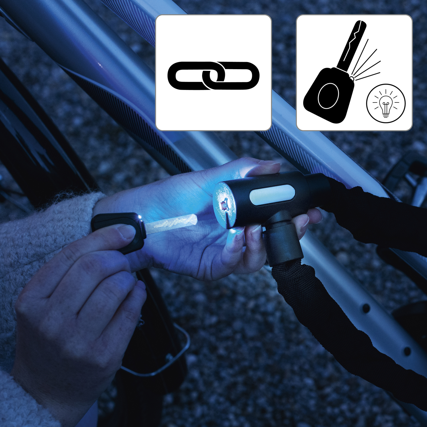 Een fietsslot met een sleutel die wordt ingestoken. Twee pictogrammen stellen een ketting en een sleutel met een gloeilamp voor.