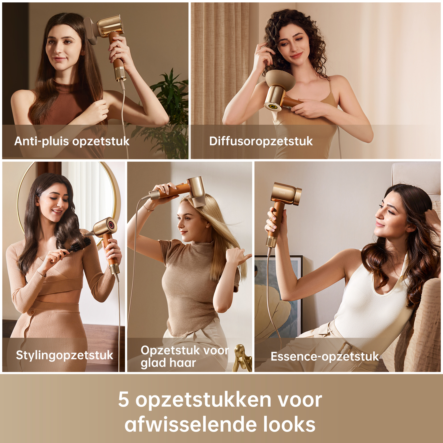 Vijf vrouwen gebruiken verschillende föhnopzetstukken, die verschillende haarstylingtechnieken laten zien.