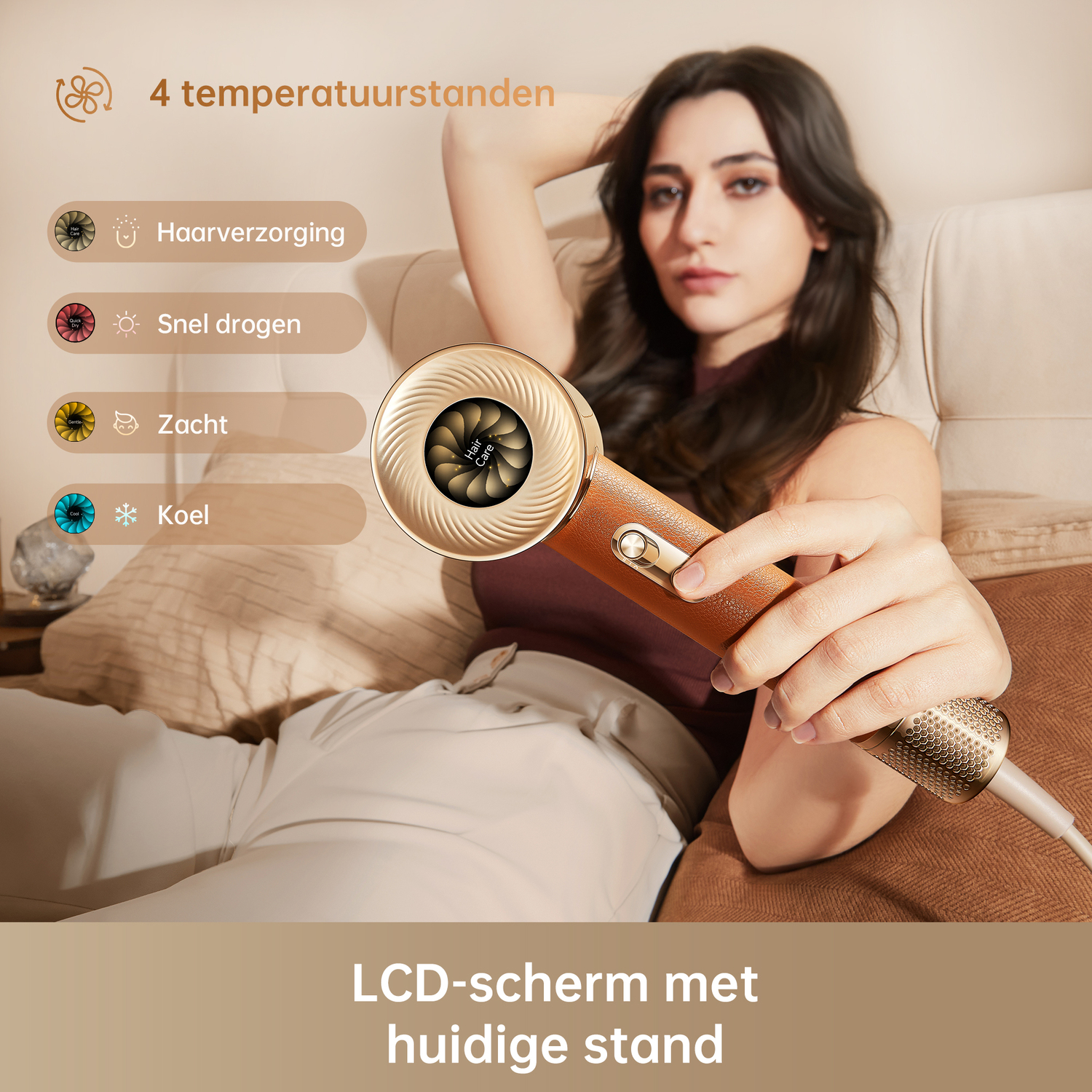 Een vrouw die een goudbruine haardroger vasthoudt. Tekst toont: 4 temperatuurinstellingen en LCD-scherm.