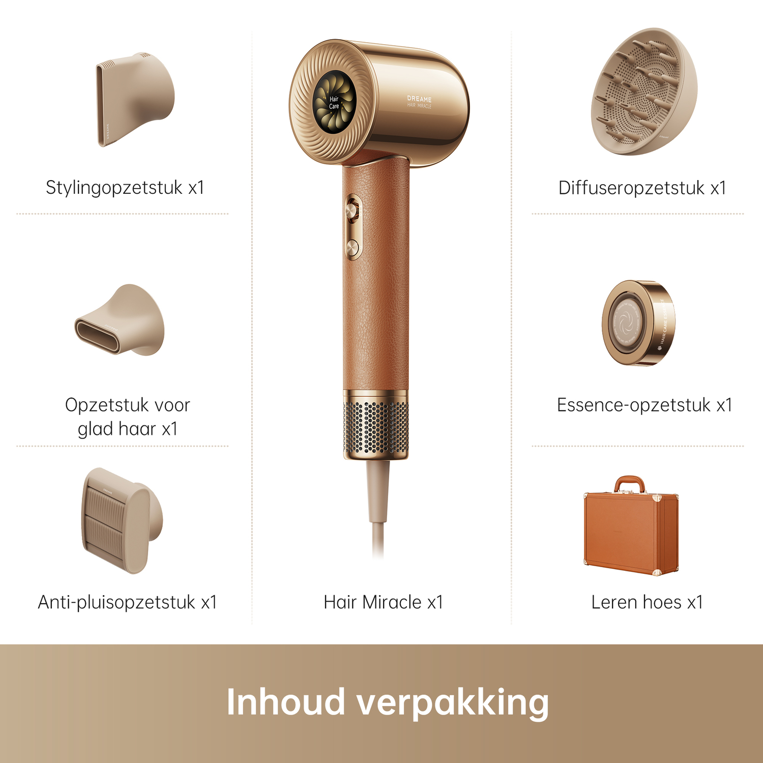 Een haardroger en zijn accessoires, inclusief stylingmondstukken, diffuser en een draagtas.