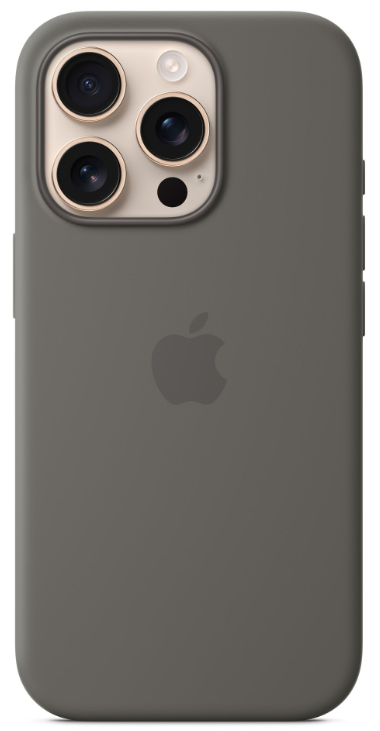 Szary iPhone 14 Pro w pasującym silikonowym etui. Logo Apple z tyłu. Białe tło.