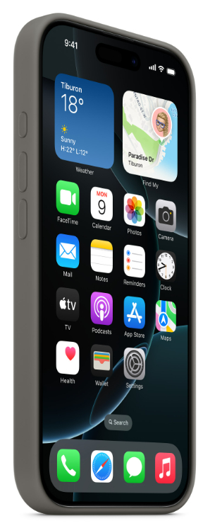 Telefon z ciemnym etui, wyświetlający ekran główny z ikonami aplikacji.