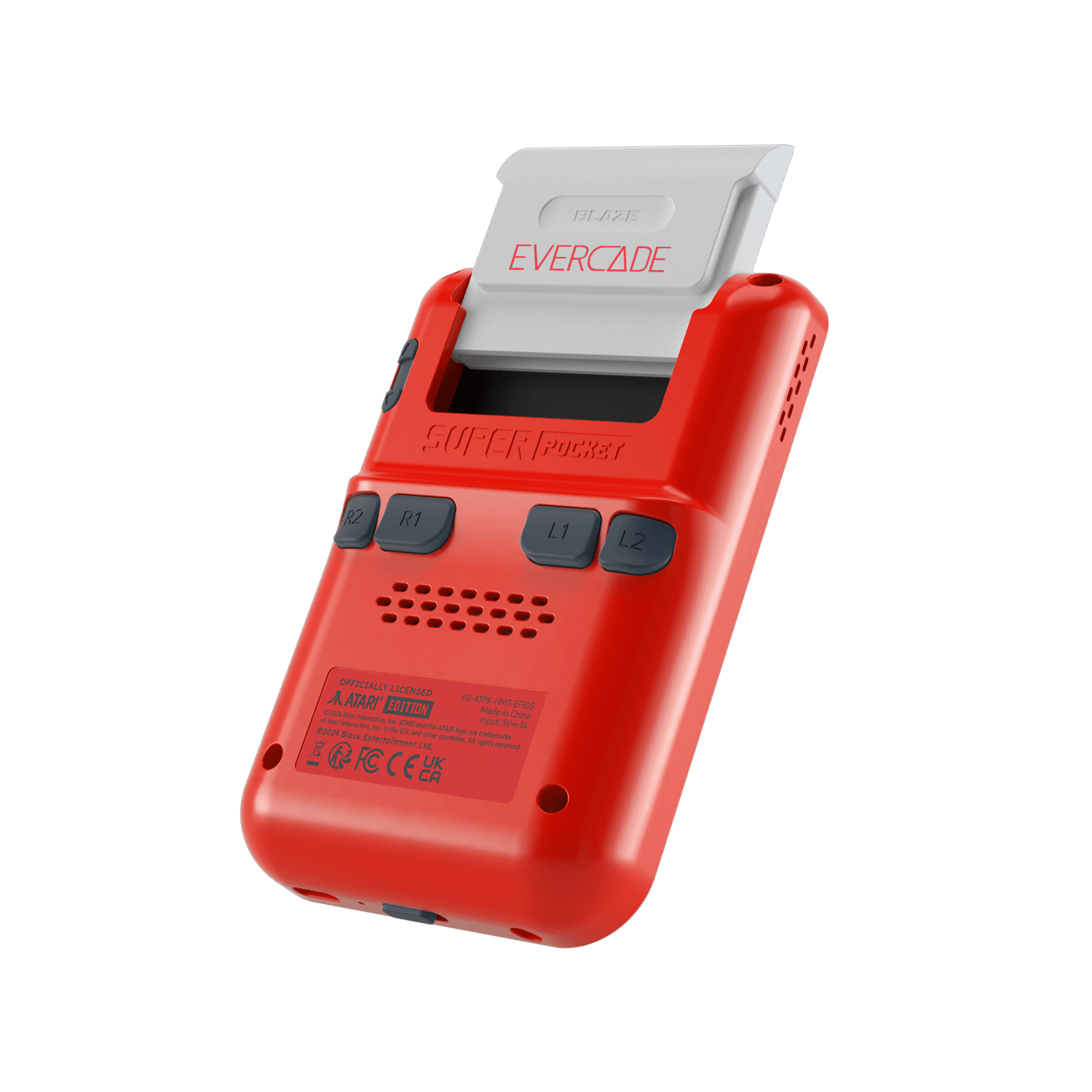 Rote Handheld-Spielkonsole mit eingelegter Spielkassette, weißer Hintergrund.