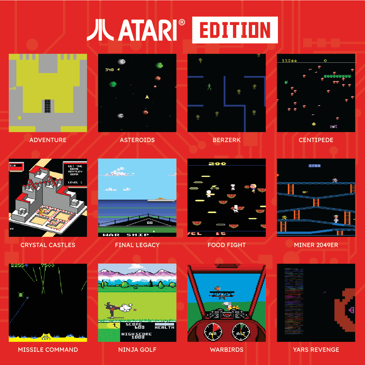 Atari-Spielbildschirme, Adventure, Asteroids, Berzerk, Centipede, Crystal Castles usw., in einem Rasterlayout.