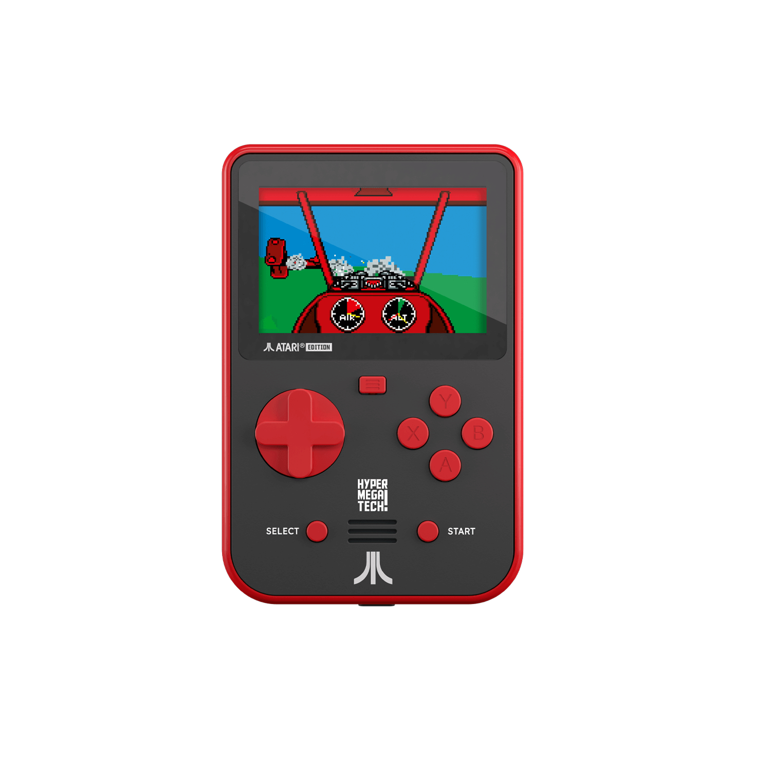 Schwarze und rote Handheld-Konsole. Spielbildschirm zeigt pixeliges Autorennen.