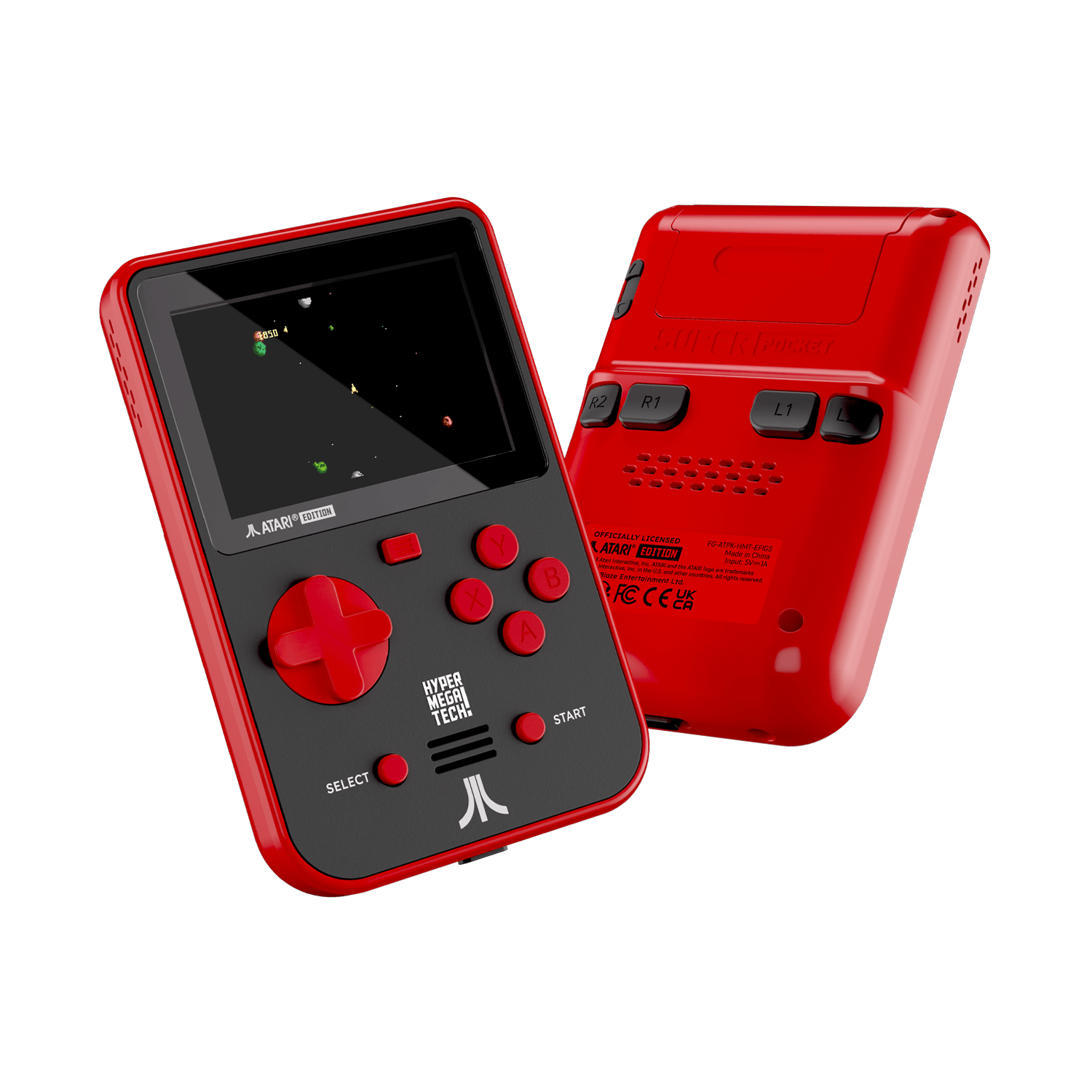 Eine rote Handheld-Spielkonsole. Die Vorderseite zeigt einen Bildschirm mit einem Spiel.
