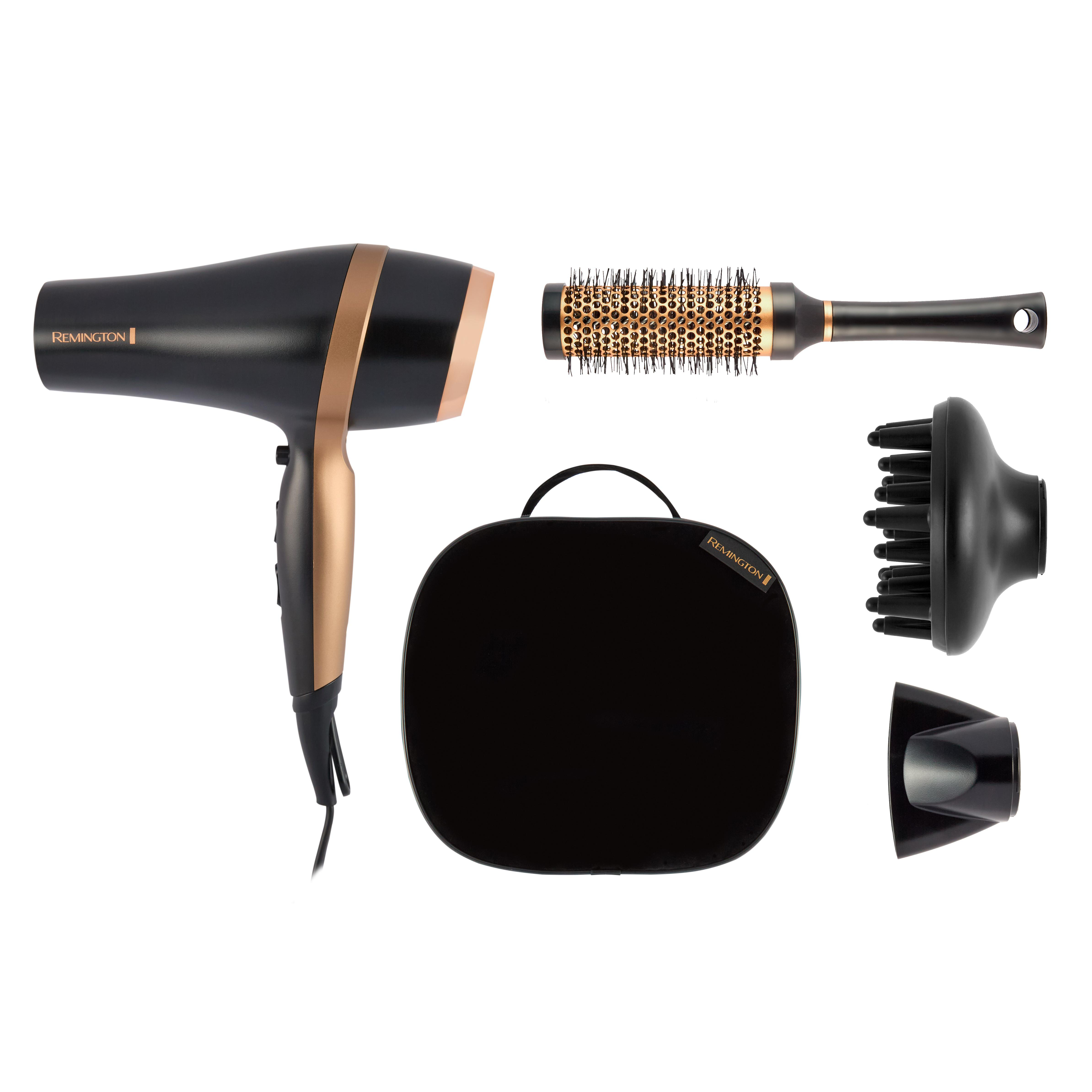 Ein schwarzes Remington Haartrockner-Set mit Aufsätzen und einer Tragetasche.