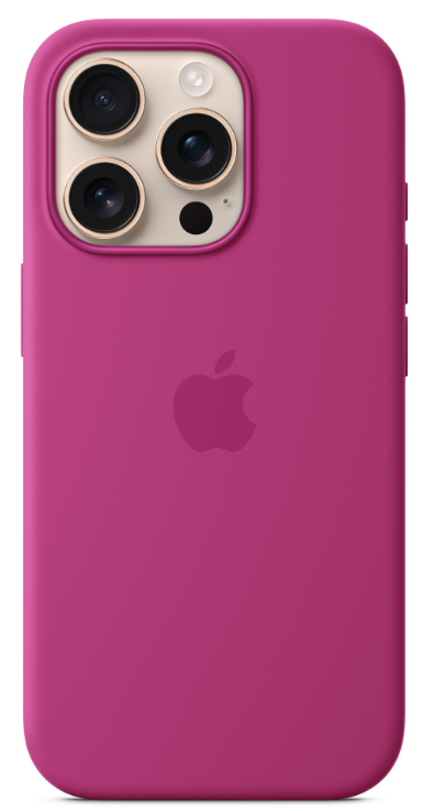 Jasnoróżowe etui na iPhone'a z logo Apple, trzema obiektywami aparatu. Białe tło.