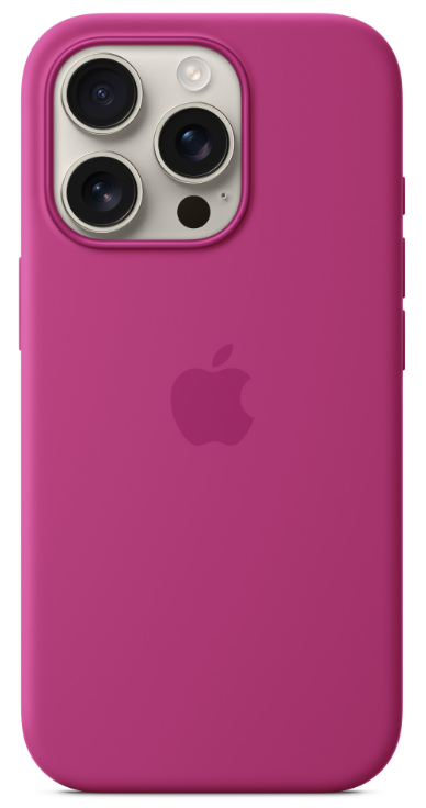 Jasnoróżowe etui na iPhone'a z logo Apple, trzema obiektywami aparatu. Białe tło.