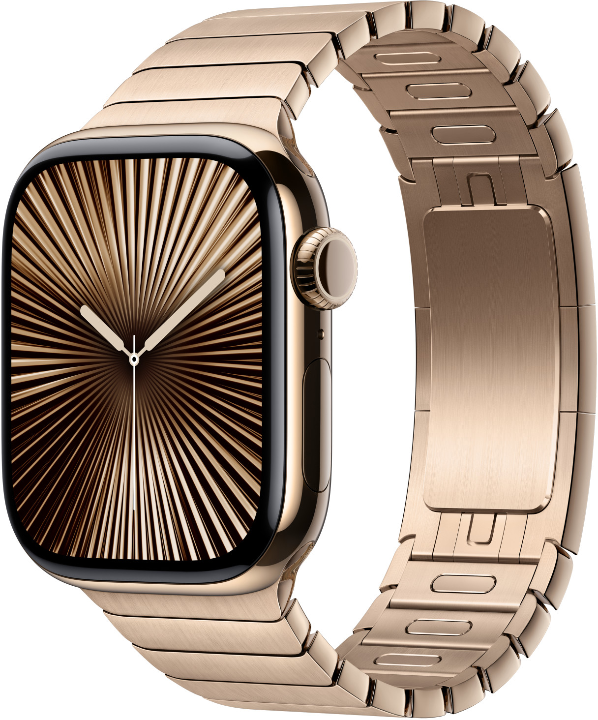 Goldene Apple Watch mit Metallband, Zifferblatt und Seitentaste zeigend.