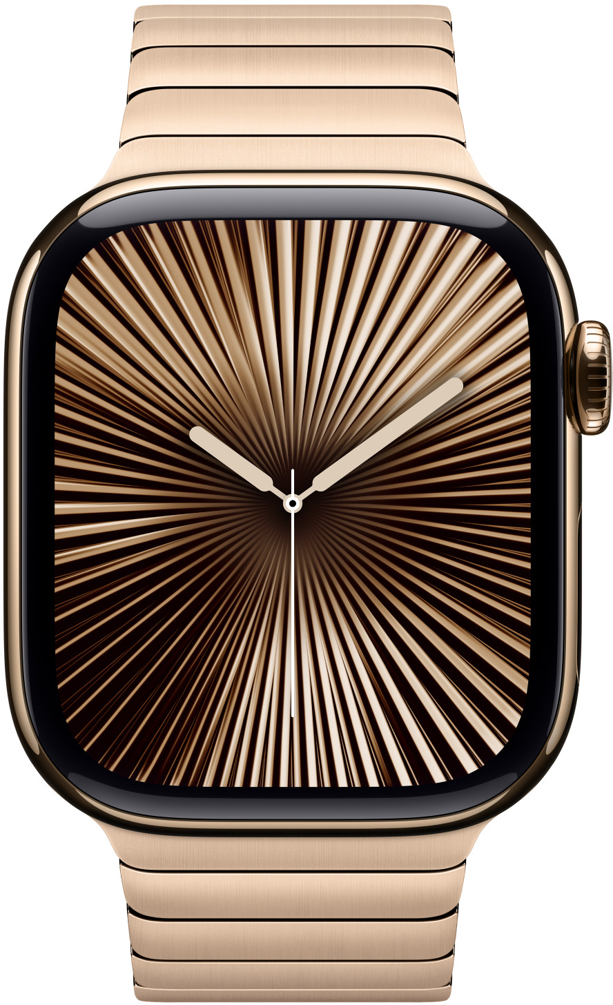 Goldene Smartwatch mit goldenem Armband. Zifferblatt hat radiales Muster, Zeiger zeigen 10:09.