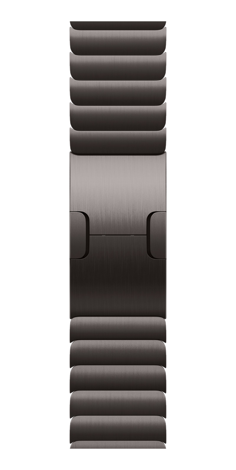 Metallisches Uhrenarmband, dunkelgrau, segmentiertes Design, mit Verschluss in der Mitte.