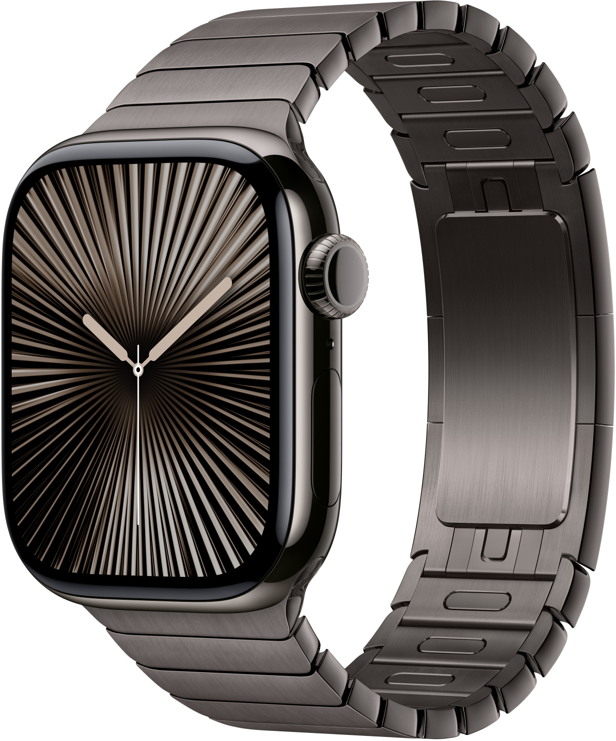 Nahaufnahme einer schwarzen Apple Watch mit Metallband. Das Zifferblatt hat Linien.