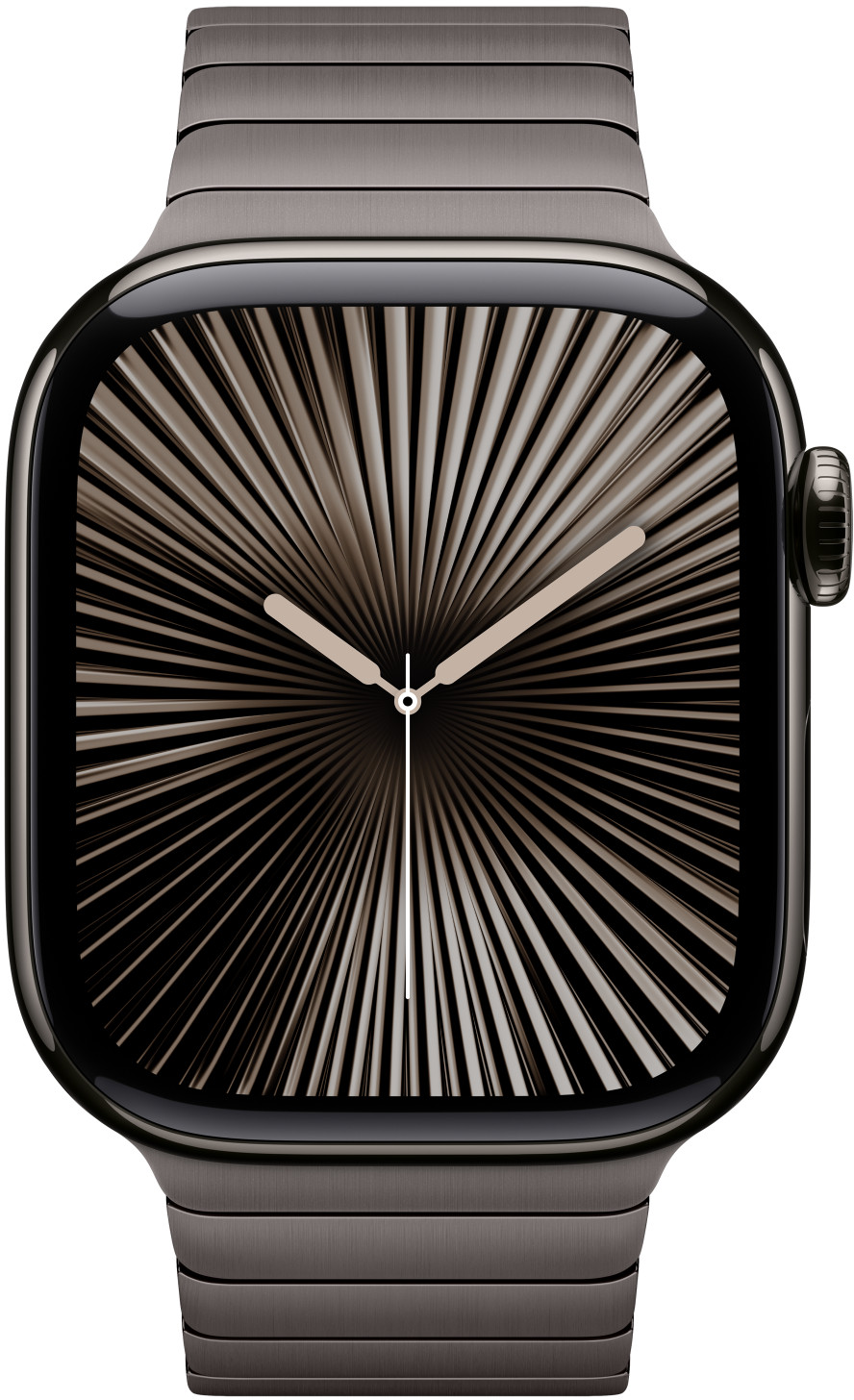 Schwarze Apple Watch mit Metallarmband. Das Zifferblatt zeigt ein Sonnenstrahlen-Design mit Zeigern auf 10:09.