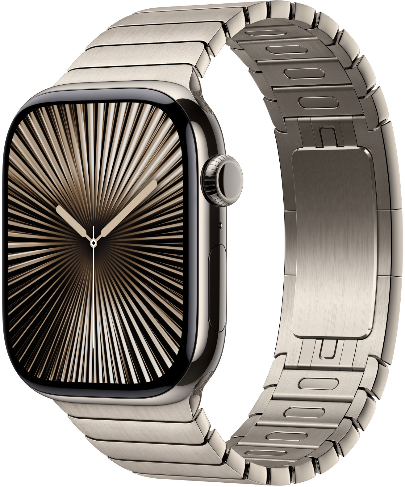 Eine silberne Apple Watch mit Metallarmband. Das Zifferblatt hat ein radiales Design. Der Hintergrund ist weiß.