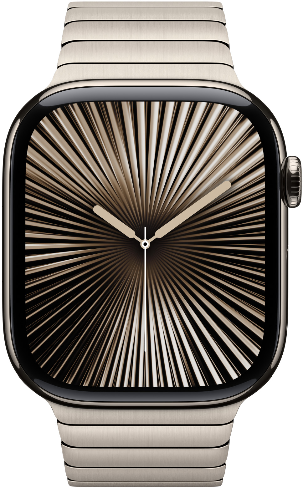 Apple Watch mit silbernem Gehäuse und beigefarbenem Metallband. Das Zifferblatt zeigt ein strahlenförmiges Design.