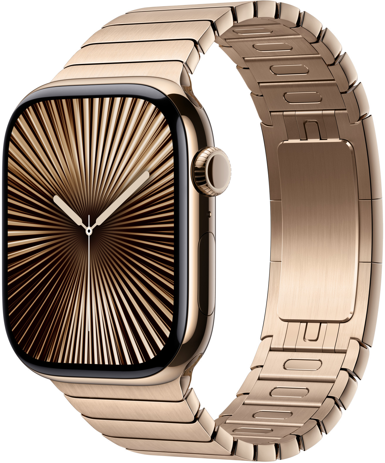 Goldene Apple Watch mit goldenem Armband, Zeit wird angezeigt, Nahaufnahme.