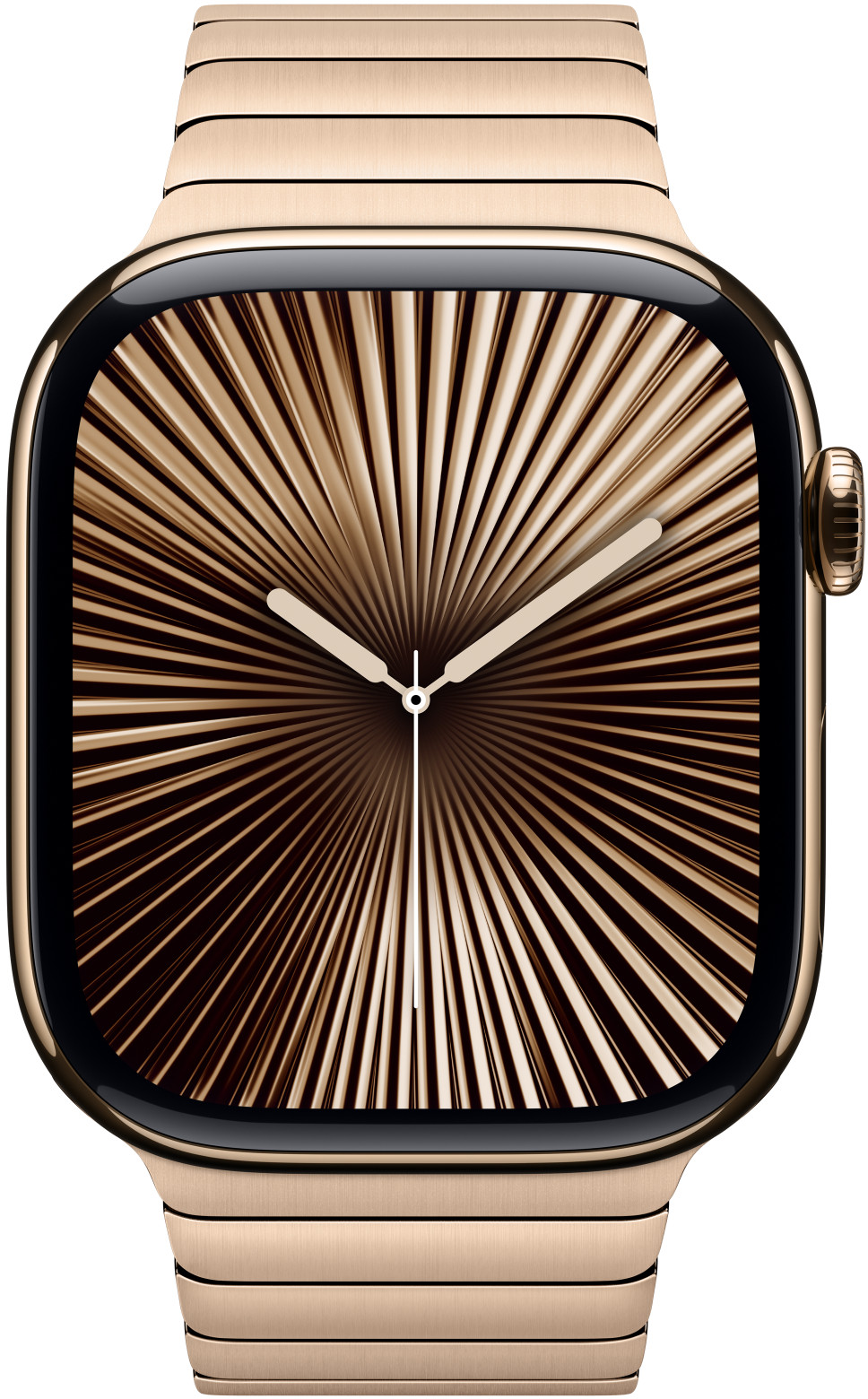 Goldene Apple Watch mit radial gemustertem Zifferblatt und goldenem Armband. Die Zeiger zeigen die Uhrzeit. Der Hintergrund ist weiß.