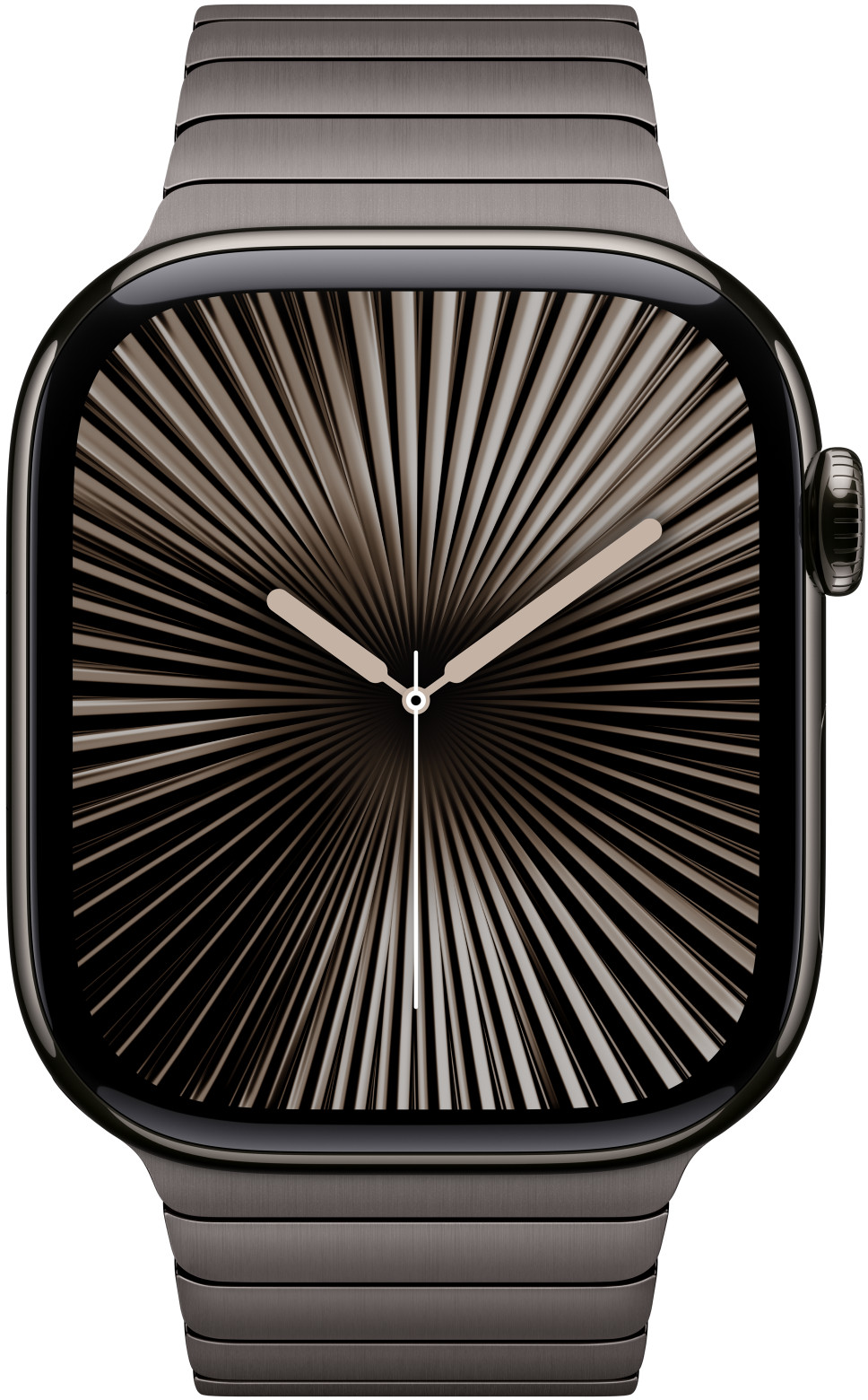 Smartwatch mit radialem Design auf dem Bildschirm. Graues Armband. Schwarzer Rahmen.