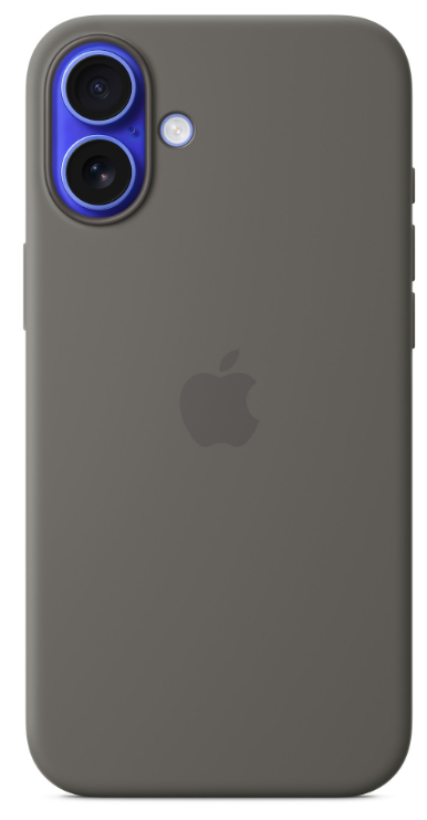 Szare etui na telefon z niebieskim modułem aparatu i logo Apple z tyłu.