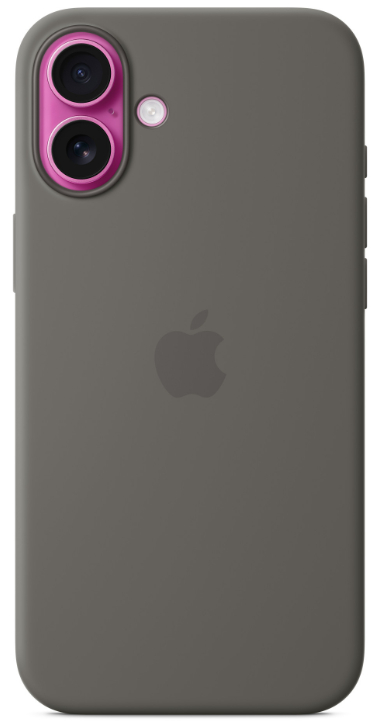 Szare etui na telefon z różowym pierścieniem aparatu i logo Apple.