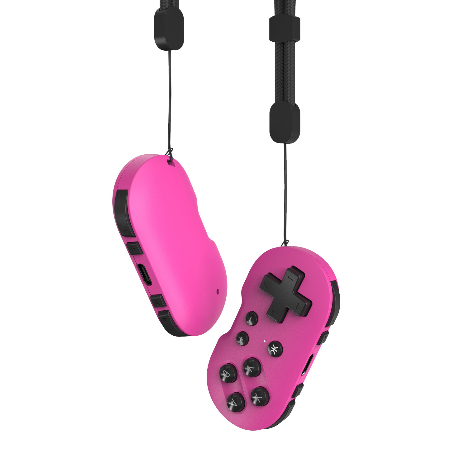 Rosa Gaming-Controller, die mit schwarzen Riemen auf weißem Hintergrund hängen.