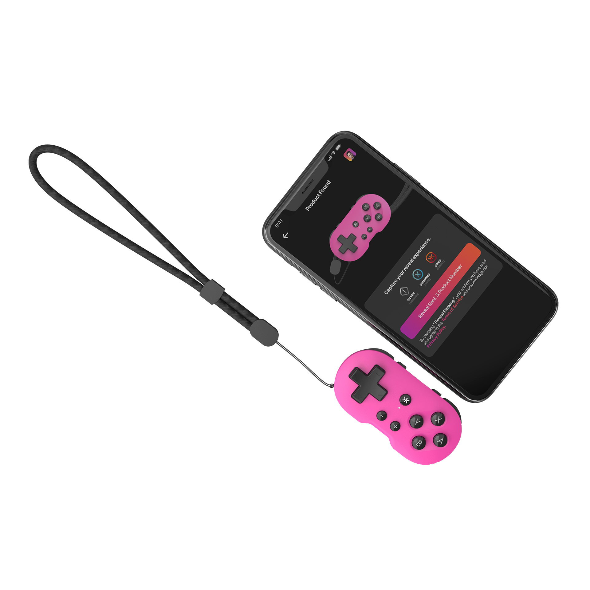 Rosa Gamecontroller und Smartphone. Bildschirm zeigt ein Spiel mit Produkt gefunden.