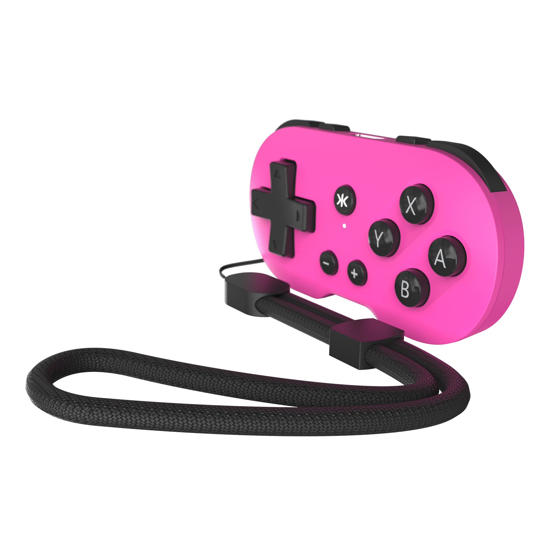 Rosa Gaming-Controller mit schwarzen Knöpfen und schwarzem Handgelenkband.