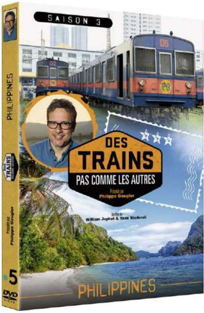 DVD-hoes met een man en treinen. De titel is in het Frans: "Des Trains Pas Comme Les Autres".