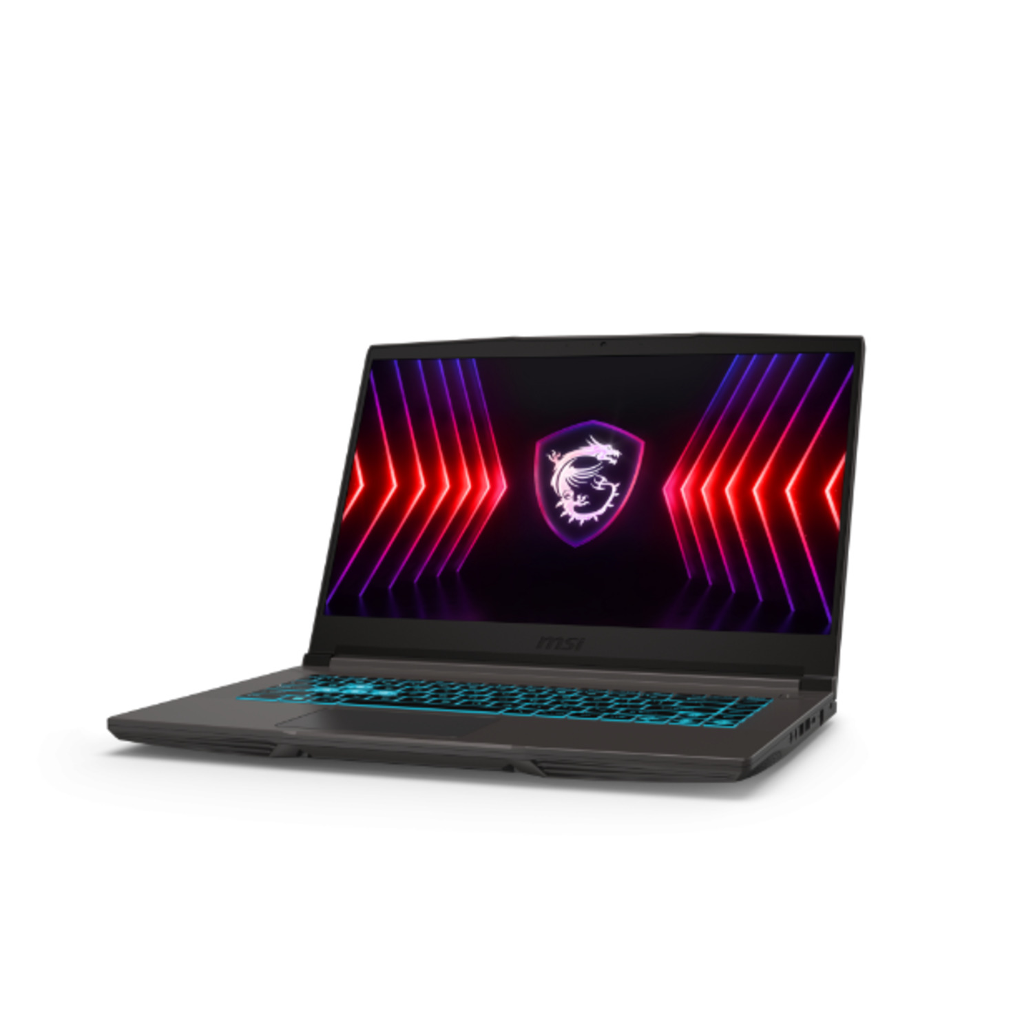 Ordinateur portable MSI avec écran allumé, vue en angle, sur fond blanc.