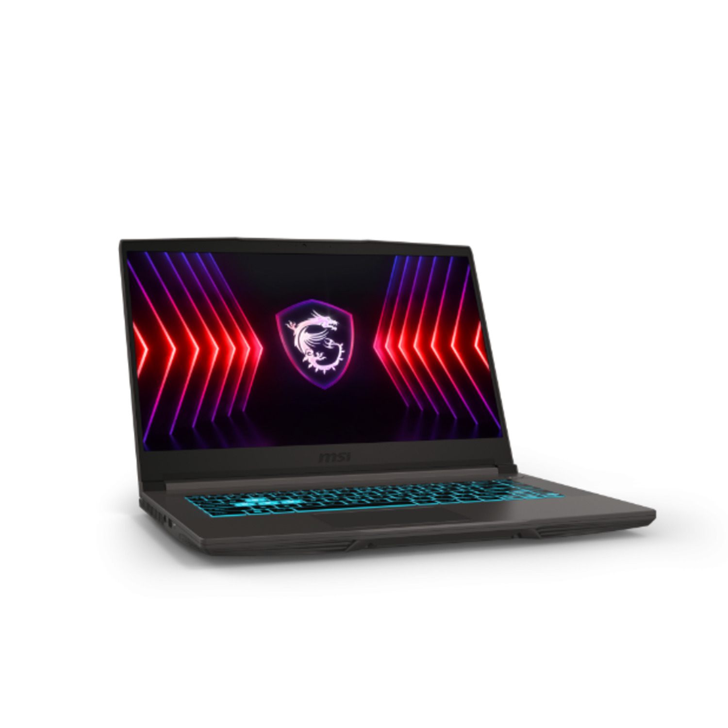 Ordinateur portable MSI avec écran éclairé montrant un logo, sur fond blanc, vue en angle.