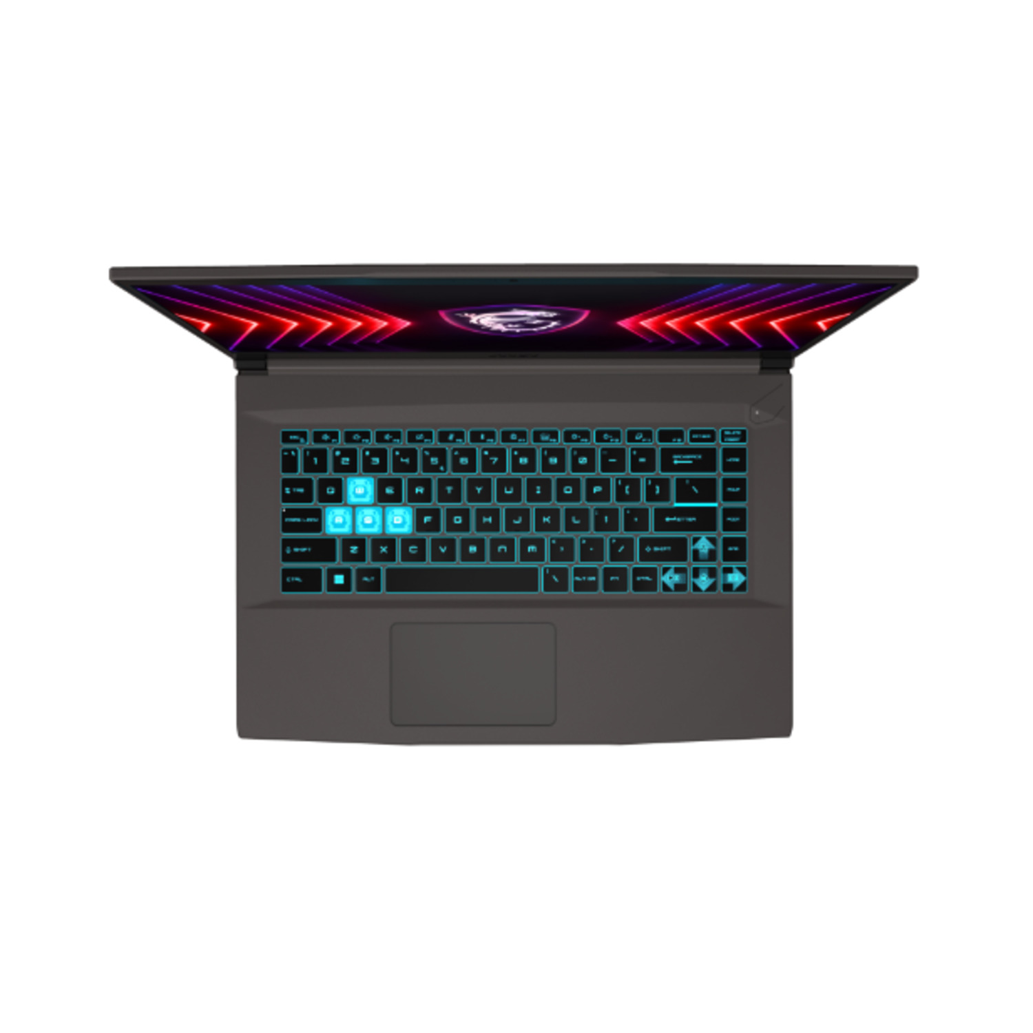 Un ordinateur portable vu d'en haut, montrant un clavier avec des touches éclairées en bleu.
