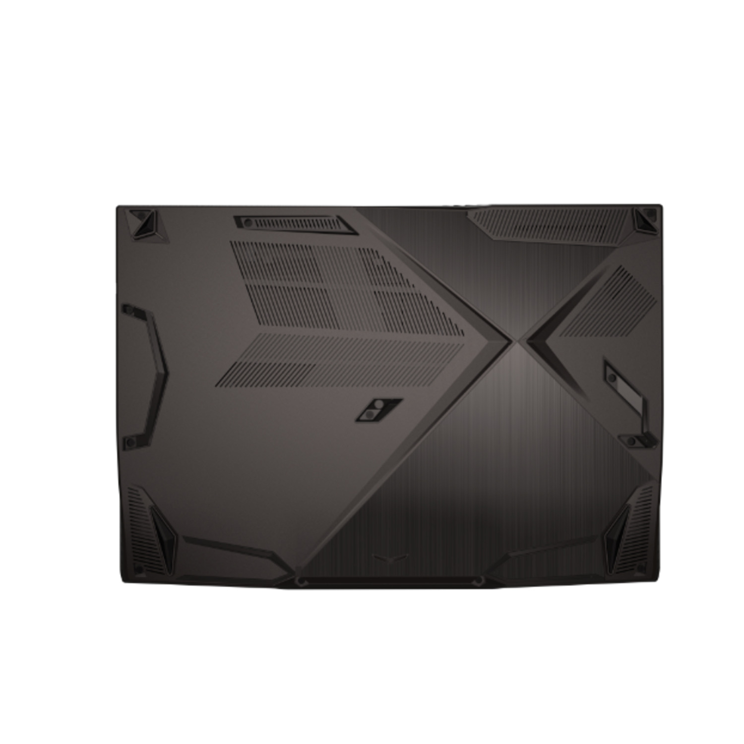 Un ordinateur portable noir vu de dessus. Il a une surface à motifs avec des aérations et le logo.