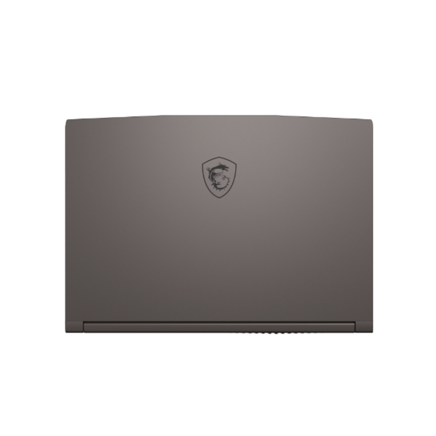 Couvercle d'ordinateur portable gris avec logo MSI sur fond blanc.