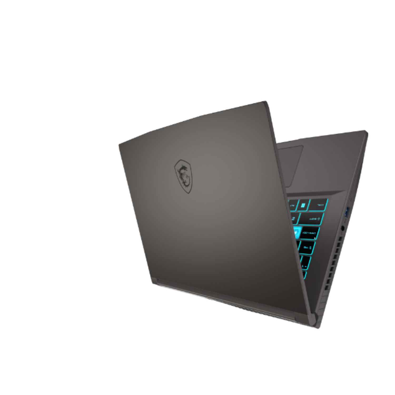Un ordinateur portable MSI gris foncé, légèrement ouvert, montrant un clavier éclairé.