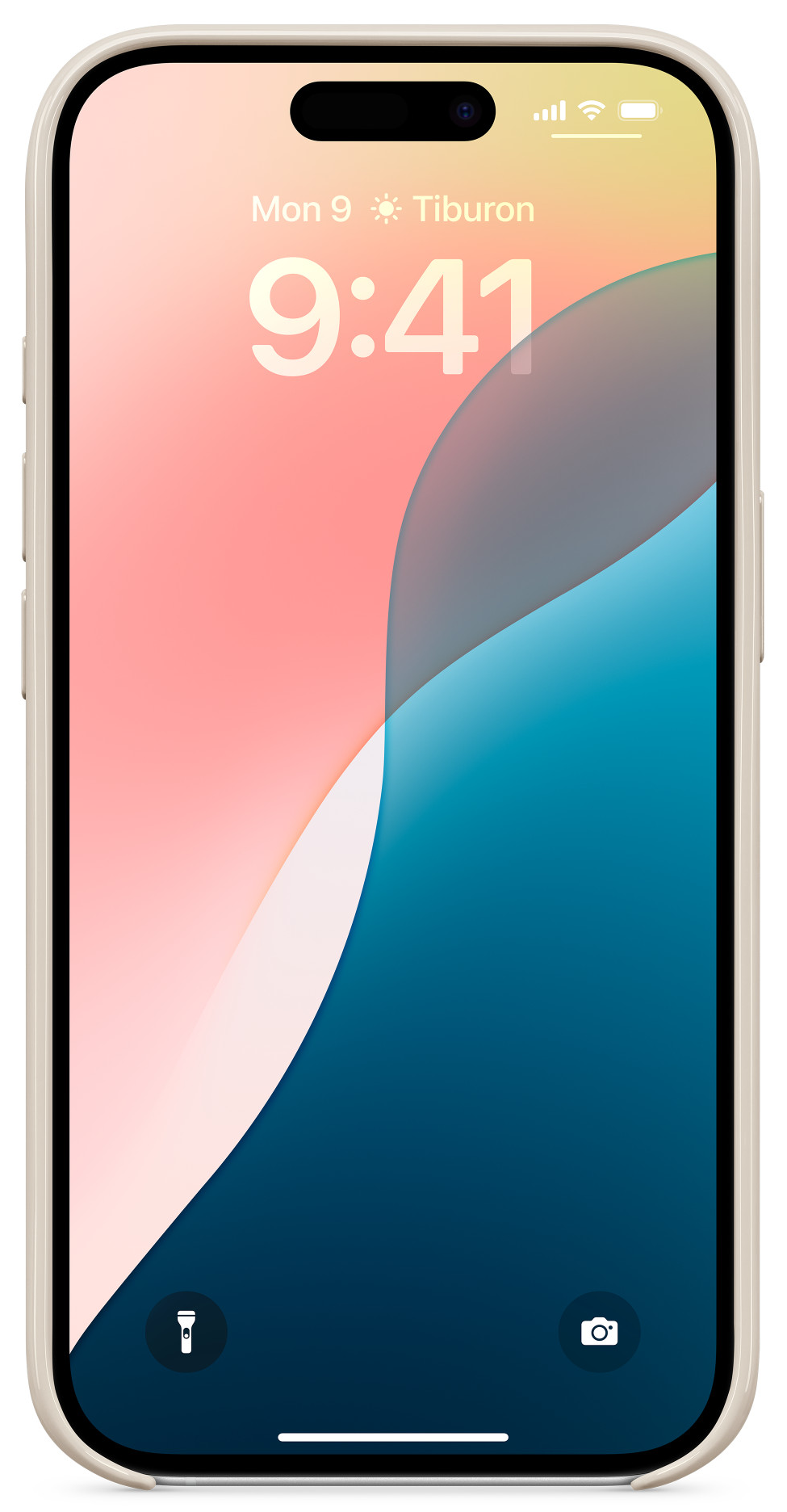iPhone képernyő. Az idő látható, rózsaszín és kék háttérrel.