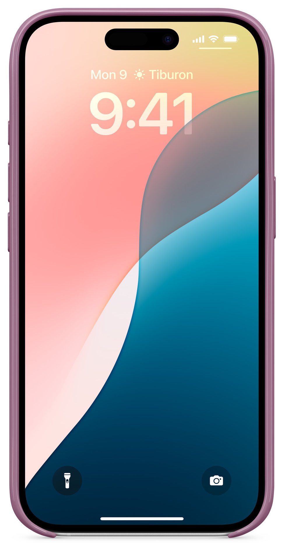 IPhone lila tokban. A képernyő színes háttérképet mutat idővel és időjárással.