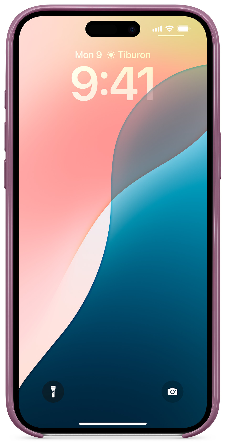 iPhone lila tokban, időt mutat, színes absztrakt háttérkép.