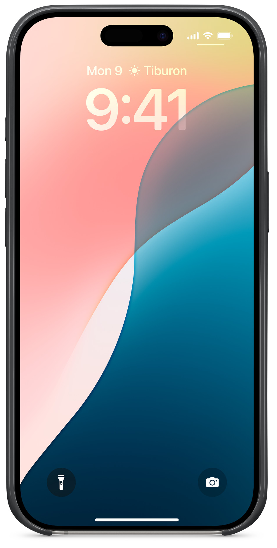 Egy fekete iPhone színes zárolási képernyővel, amely időt, helyet és egyedi absztrakt háttérképet jelenít meg.