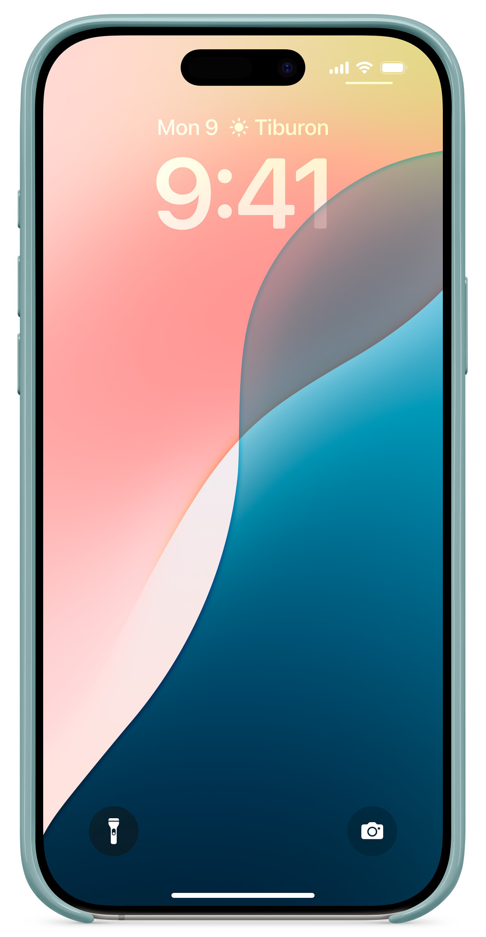 Türkiz iPhone színes háttérrel, időt és dátumot mutat a képernyőjén.