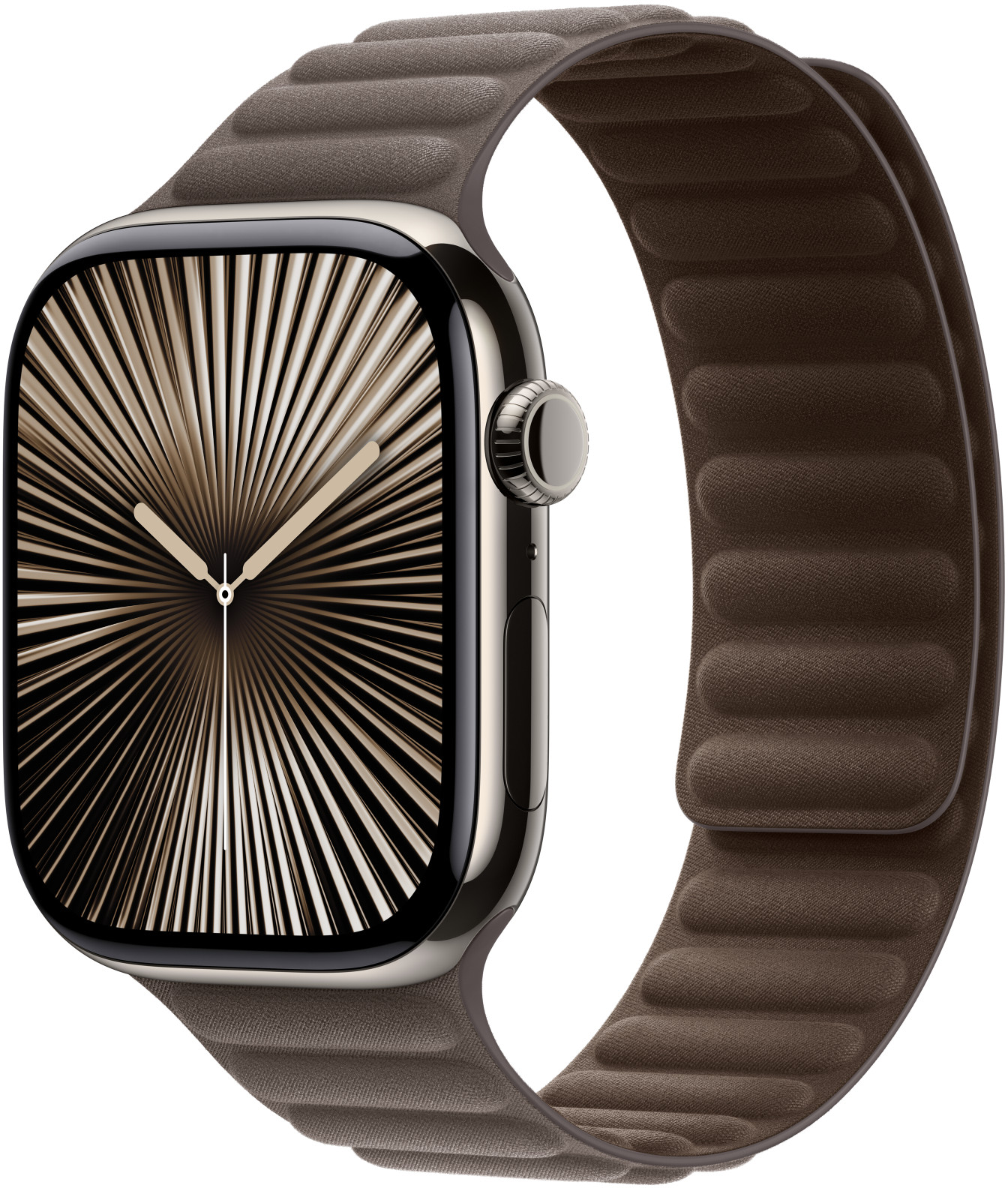 Smartwatch mit braunem Lederarmband. Das Zifferblatt zeigt ein radiales Design.