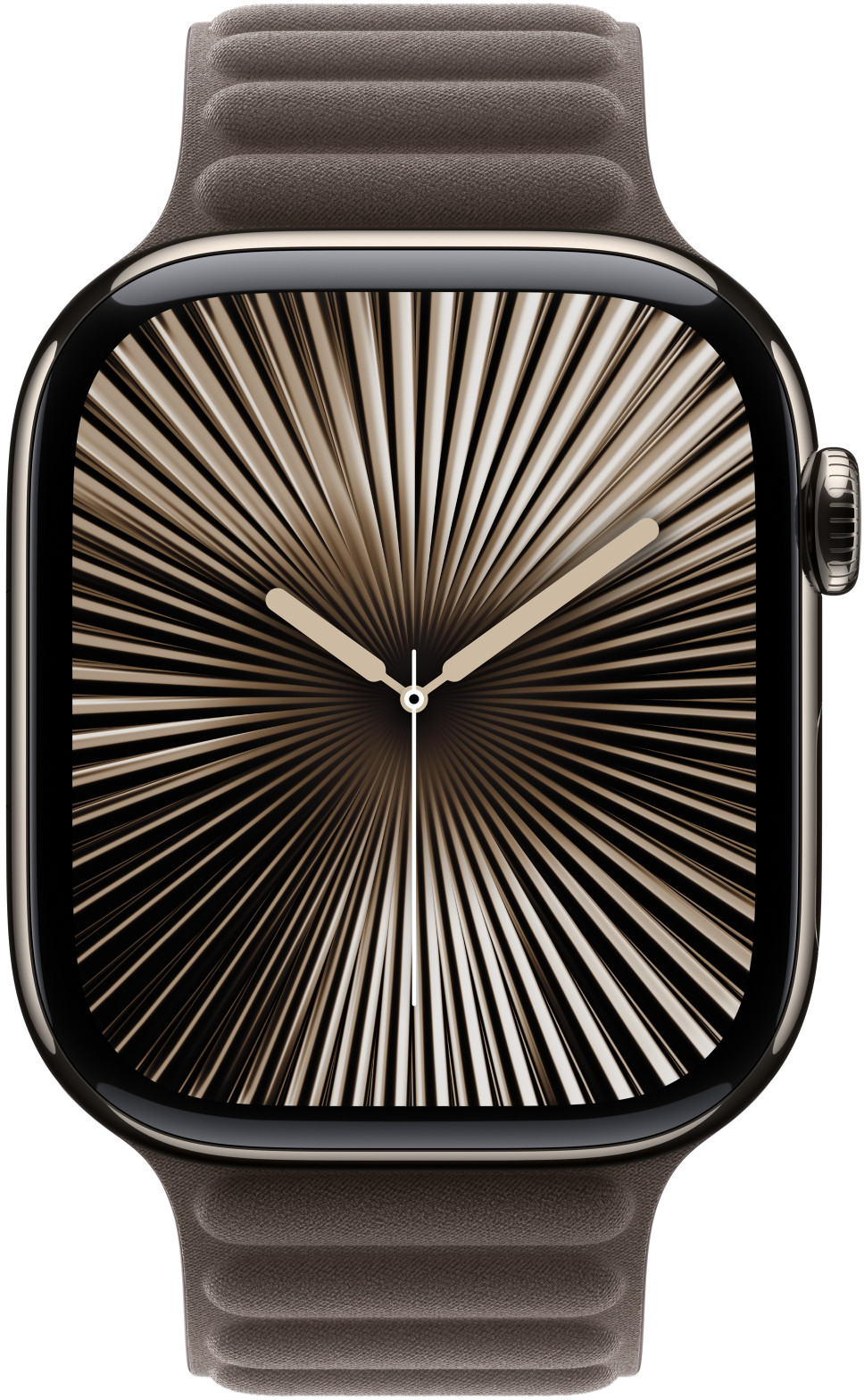 Apple Watch mit braunem Armband. Goldenes Zifferblatt mit radialem Design und schwarzem Hintergrund.