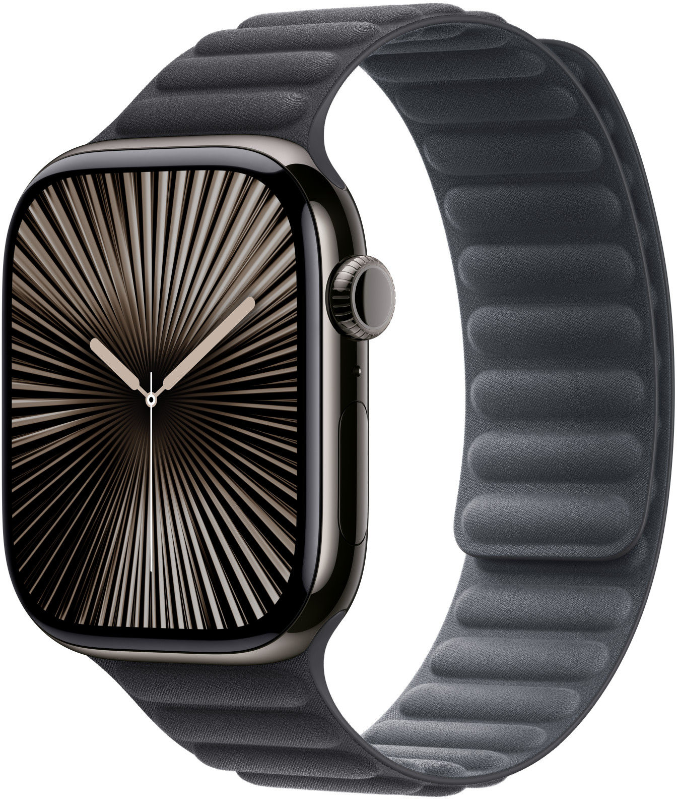 Une montre intelligente avec un boîtier doré et un bracelet gris foncé, affichant un cadran radial.