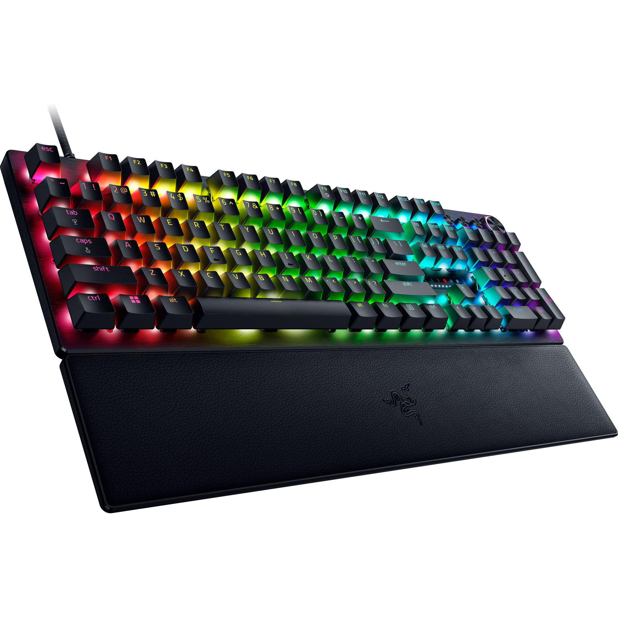 RGB-Gaming-Tastatur mit Handballenauflage. Schwarze Tasten mit bunten Lichtern.