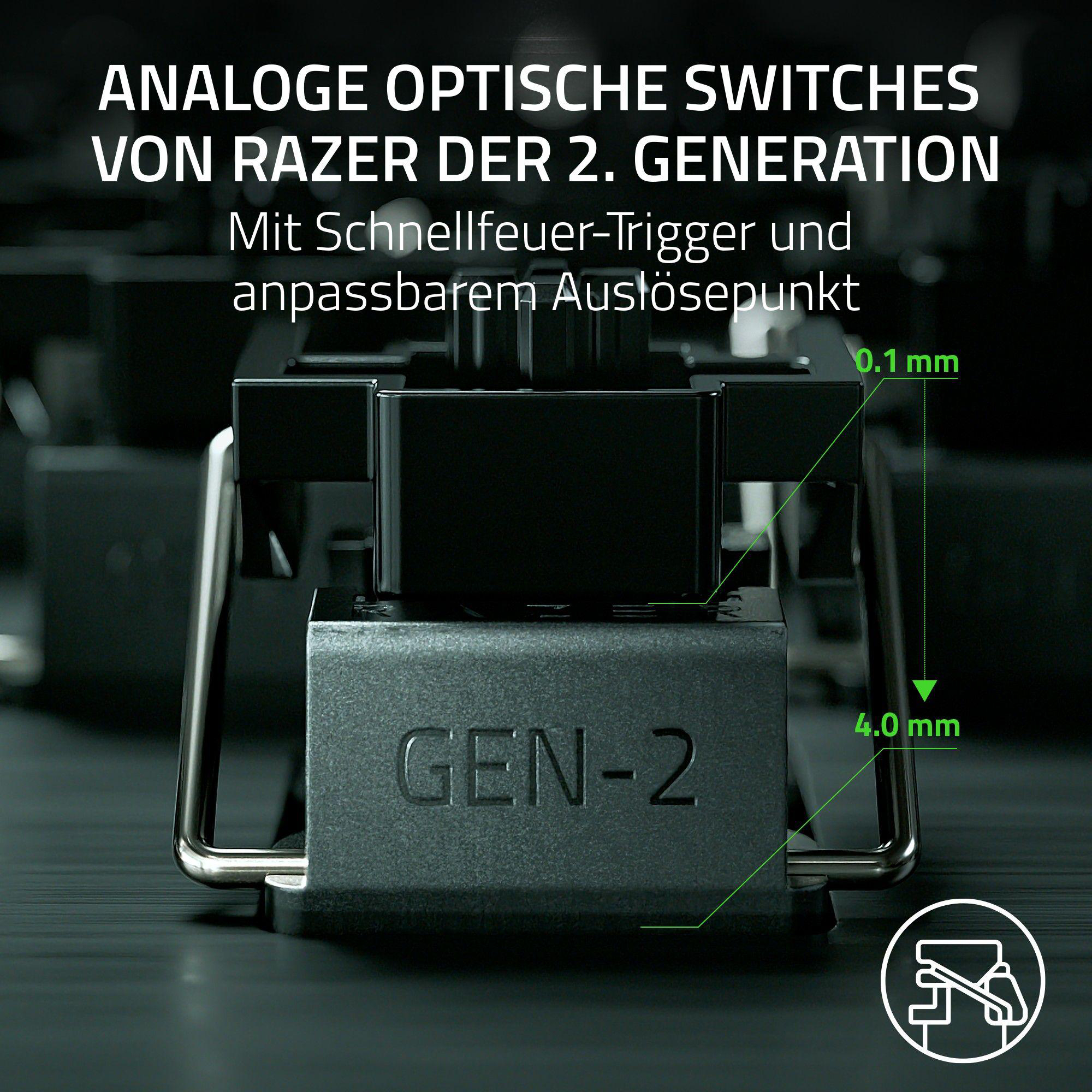 Schwarze Razer-Switches. Text: Analoge optische Switches. Schwarzer Hintergrund.