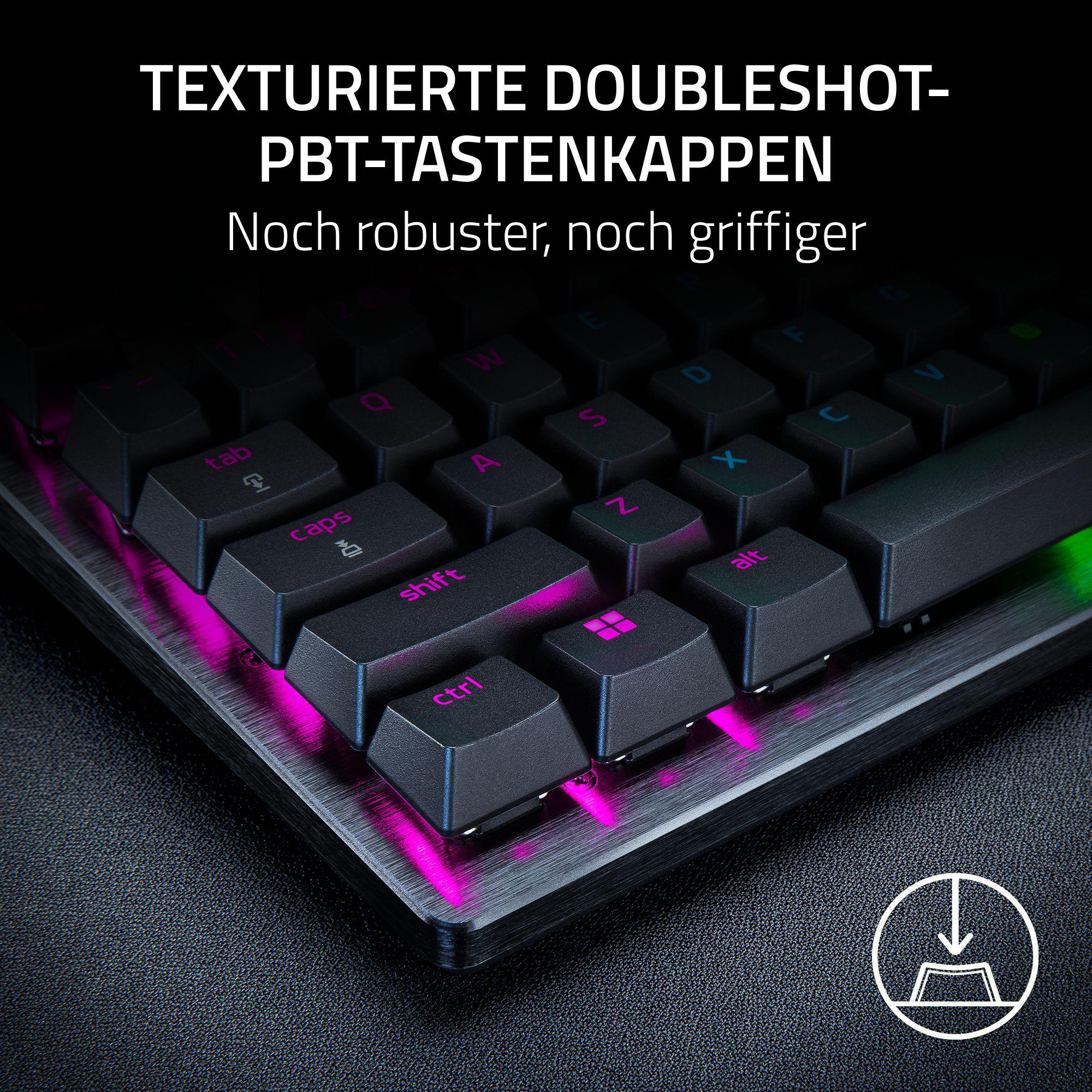 Nahaufnahme einer schwarzen Tastatur mit beleuchteten Tasten. Text oben und eine Grafik unten.